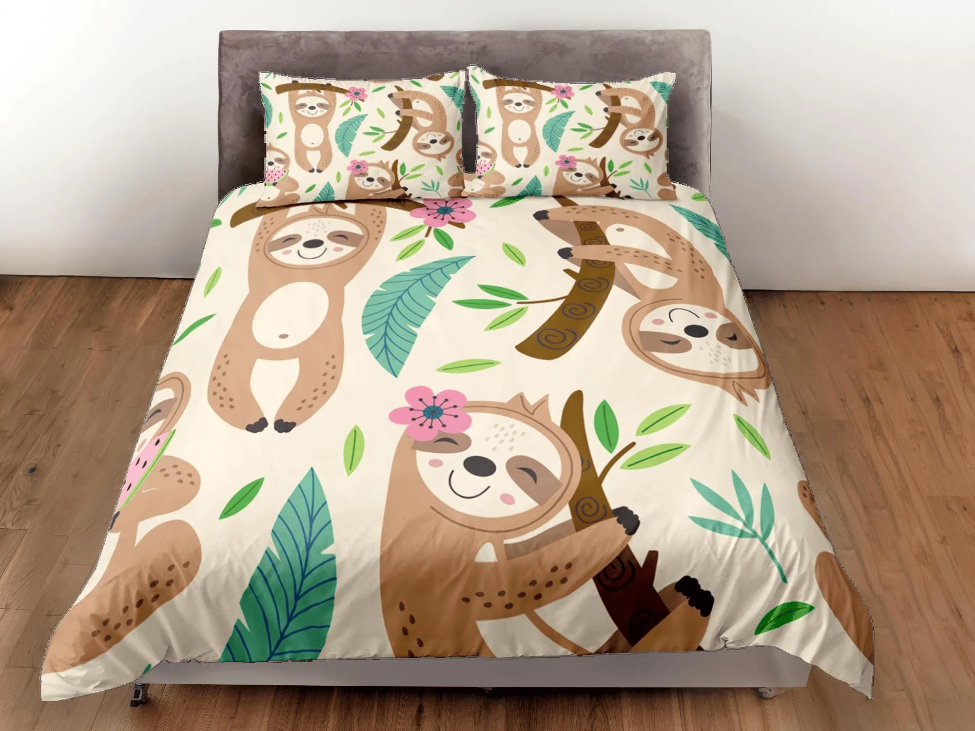 Happy Sloth Beige Duvet Cover Set Colorful Bedspread Kids Full Bedding Set Pillowcase Comforter Cover