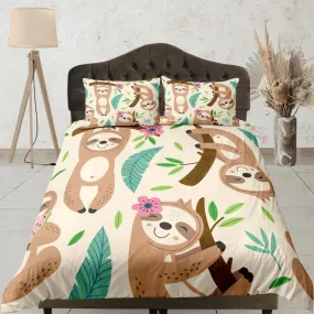 Happy Sloth Beige Duvet Cover Set Colorful Bedspread Kids Full Bedding Set Pillowcase Comforter Cover