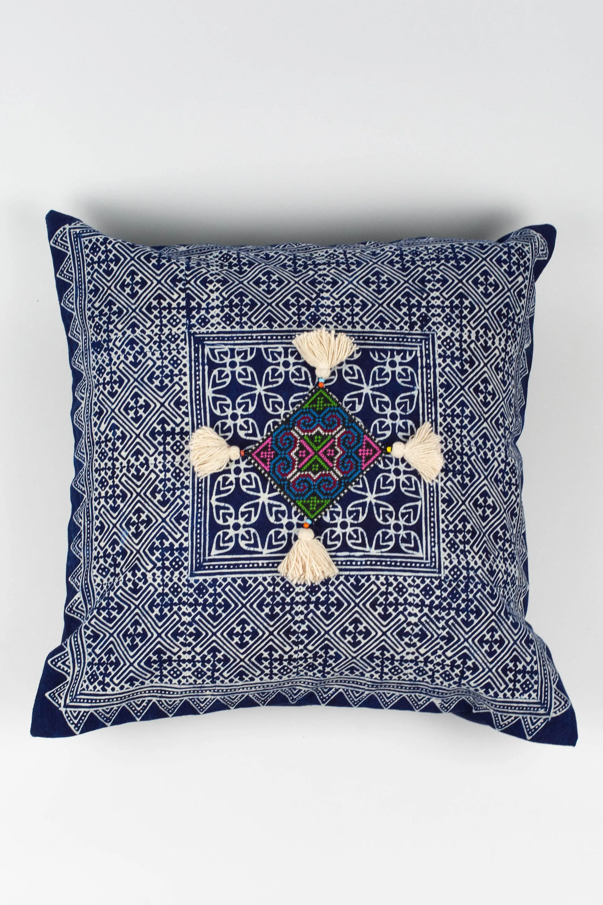 Hmong Indigo Batik Cotton Pillowcase with Cream Tassels