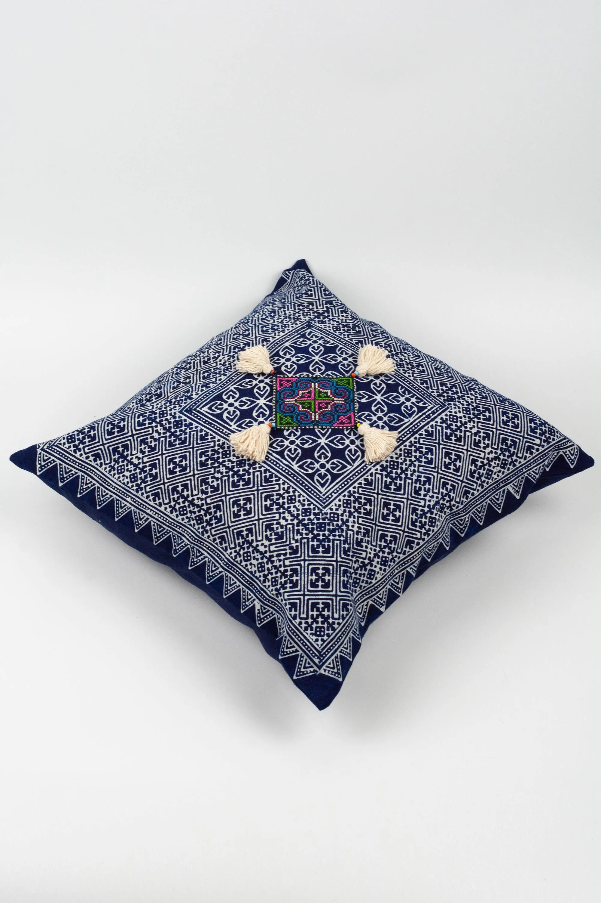 Hmong Indigo Batik Cotton Pillowcase with Cream Tassels