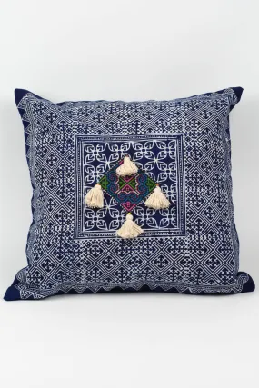 Hmong Indigo Batik Cotton Pillowcase with Cream Tassels