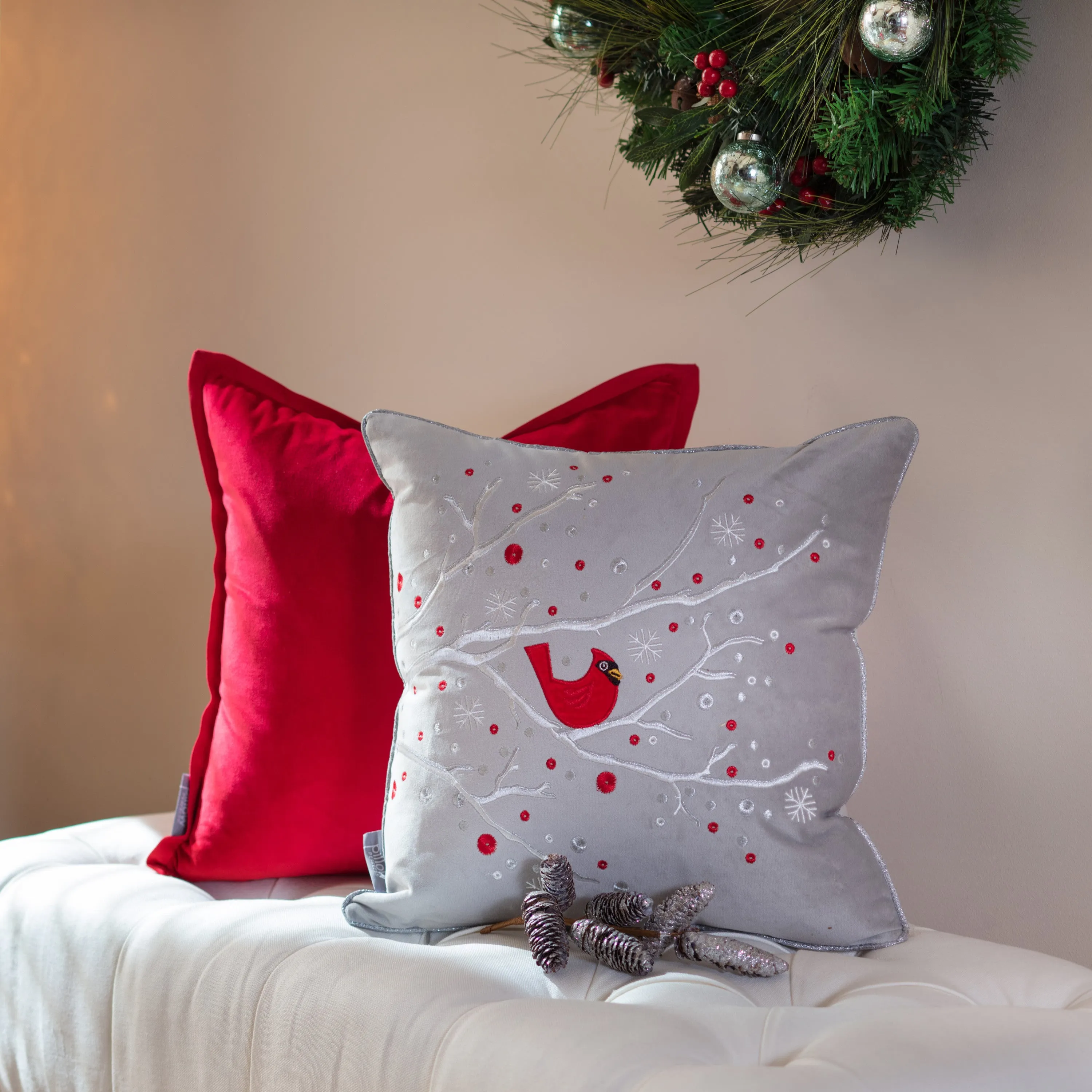 Indoor Velvet Christmas Cardinal Gray 17-inch Throw Pillow Cover