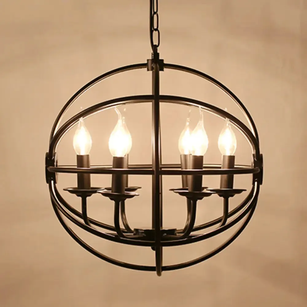 Industrial Black Metal Chandelier - 6-Light Candle Pendant with Globe Design for Dining Room