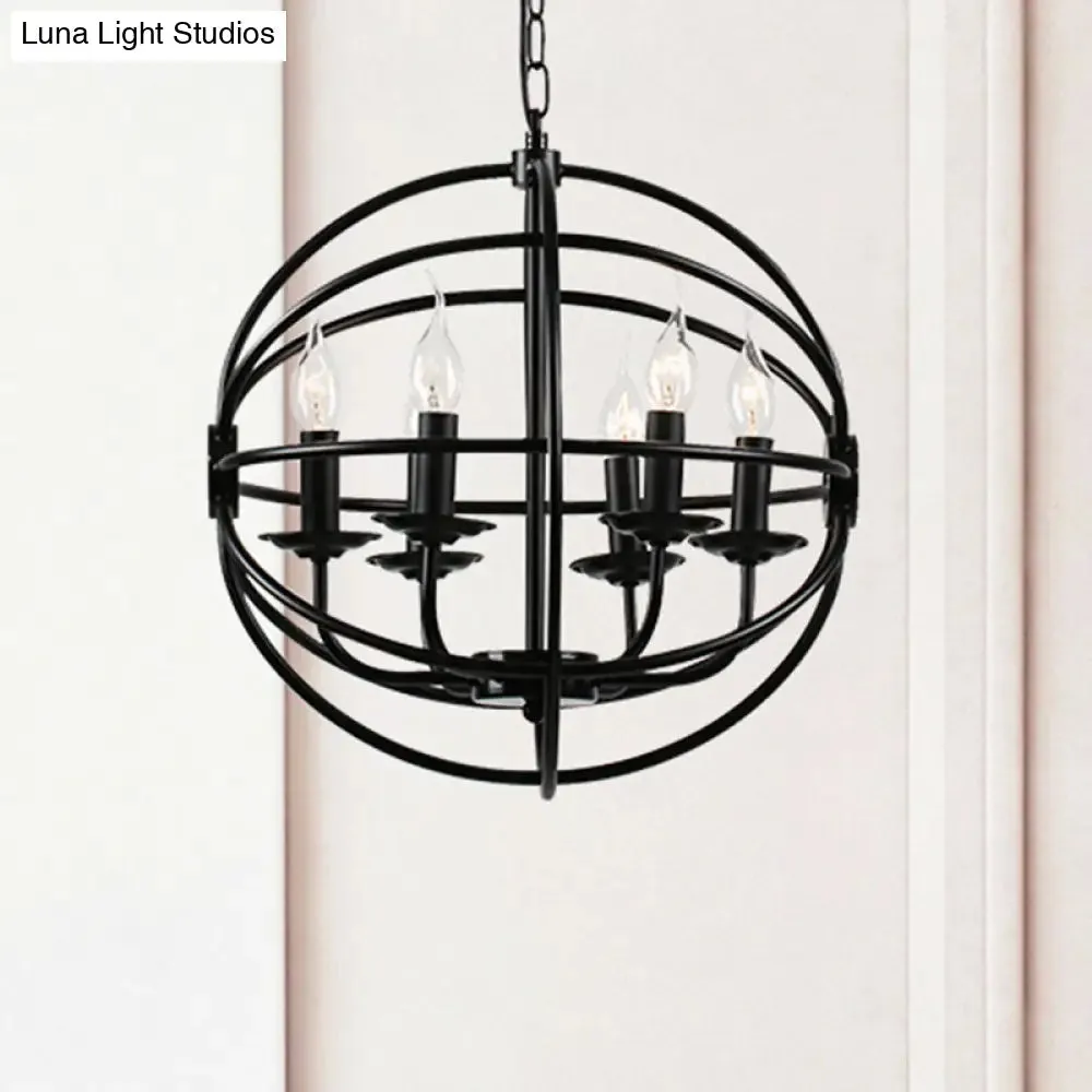 Industrial Black Metal Chandelier - 6-Light Candle Pendant with Globe Design for Dining Room