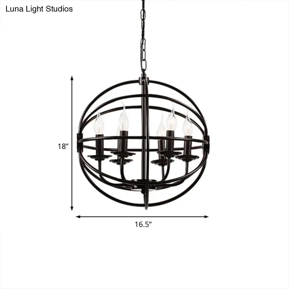 Industrial Black Metal Chandelier - 6-Light Candle Pendant with Globe Design for Dining Room