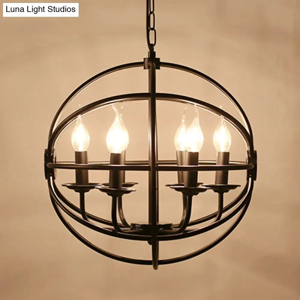 Industrial Black Metal Chandelier - 6-Light Candle Pendant with Globe Design for Dining Room