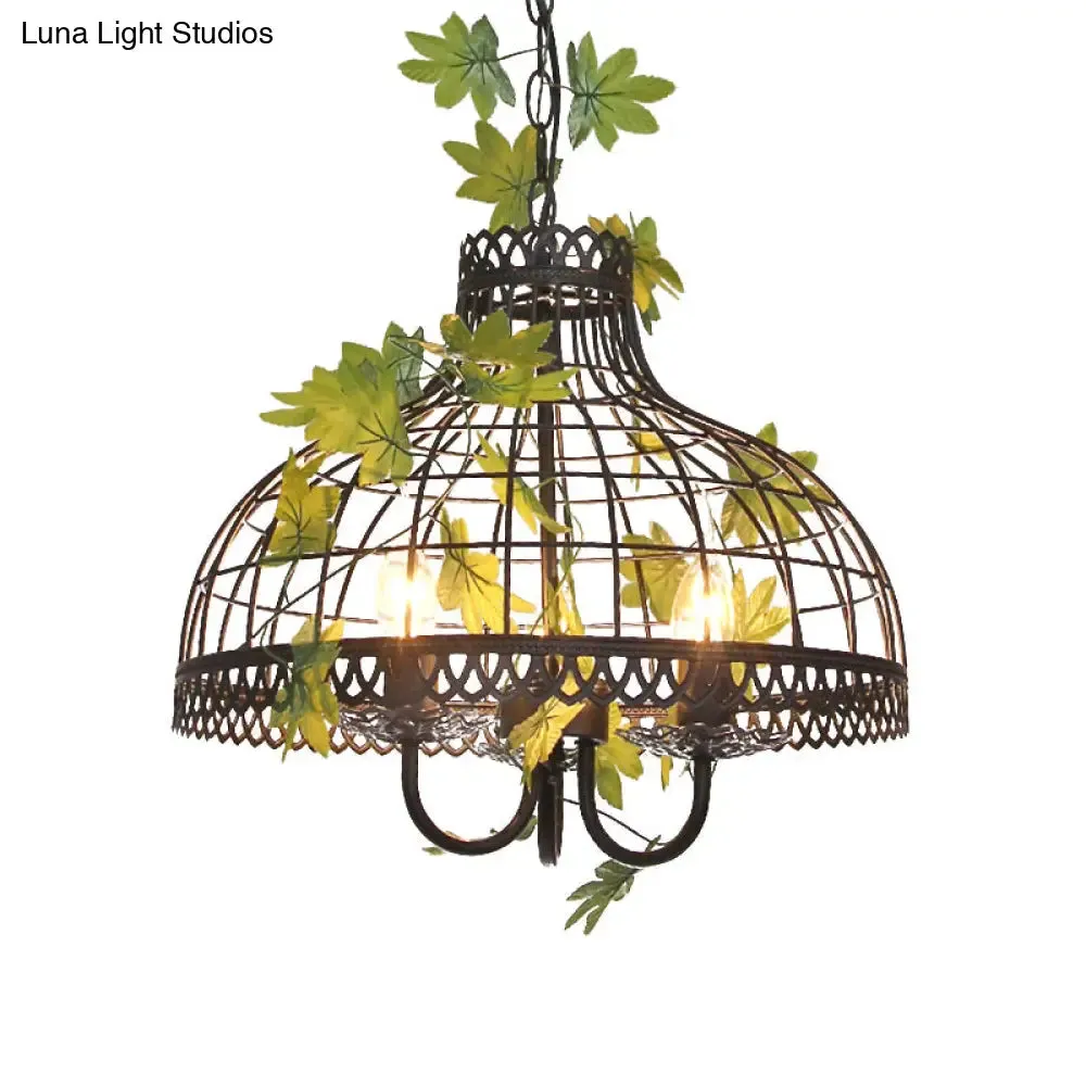 Industrial Metal Dome Pendant Light with 3 Heads and Flower Decoration - Black