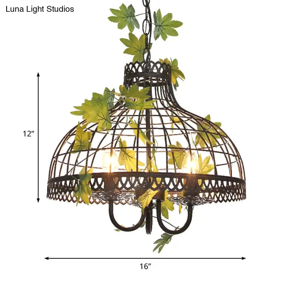 Industrial Metal Dome Pendant Light with 3 Heads and Flower Decoration - Black