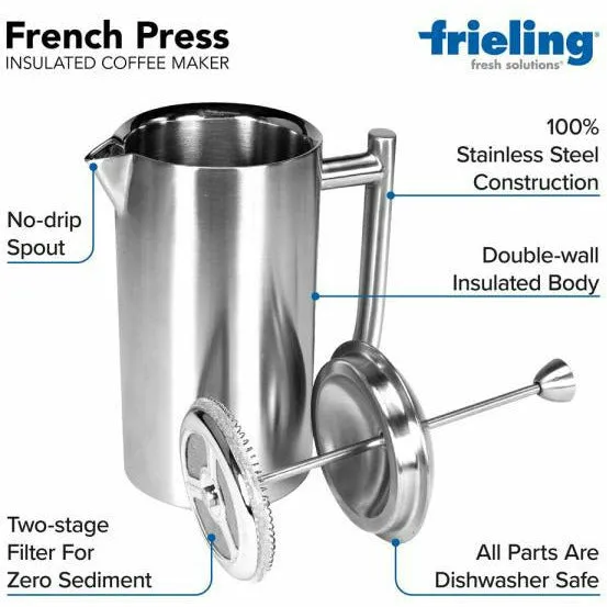 Insulated Brushed Stainless Steel French Press 17oz