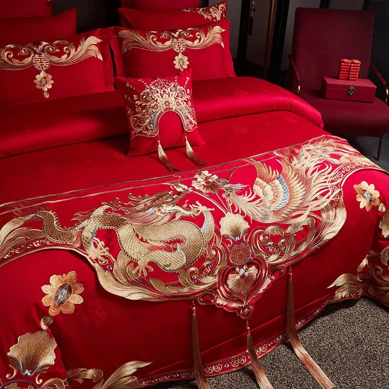 Jacquard Satin Bedding Set Luxury Golden Dragon Phoenix Embroidery Chinese Wedding Red Cotton Duvet Cover Bed Sheet Pillowcases