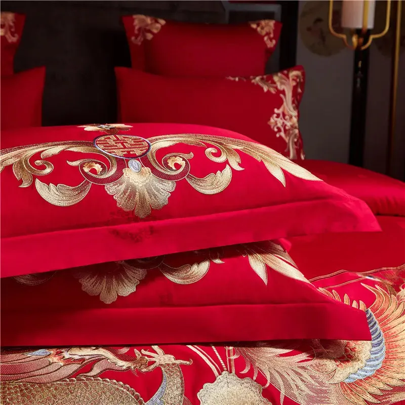 Jacquard Satin Bedding Set Luxury Golden Dragon Phoenix Embroidery Chinese Wedding Red Cotton Duvet Cover Bed Sheet Pillowcases