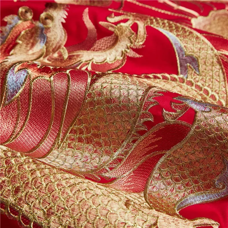 Jacquard Satin Bedding Set Luxury Golden Dragon Phoenix Embroidery Chinese Wedding Red Cotton Duvet Cover Bed Sheet Pillowcases