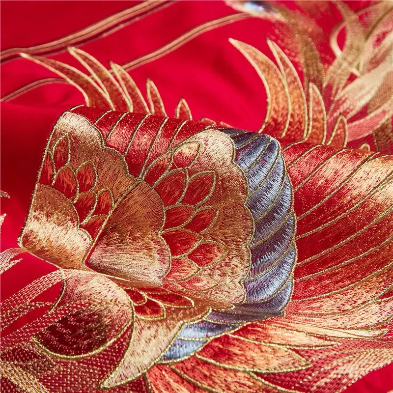 Jacquard Satin Bedding Set Luxury Golden Dragon Phoenix Embroidery Chinese Wedding Red Cotton Duvet Cover Bed Sheet Pillowcases