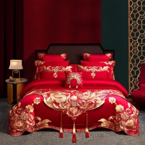 Jacquard Satin Bedding Set Luxury Golden Dragon Phoenix Embroidery Chinese Wedding Red Cotton Duvet Cover Bed Sheet Pillowcases