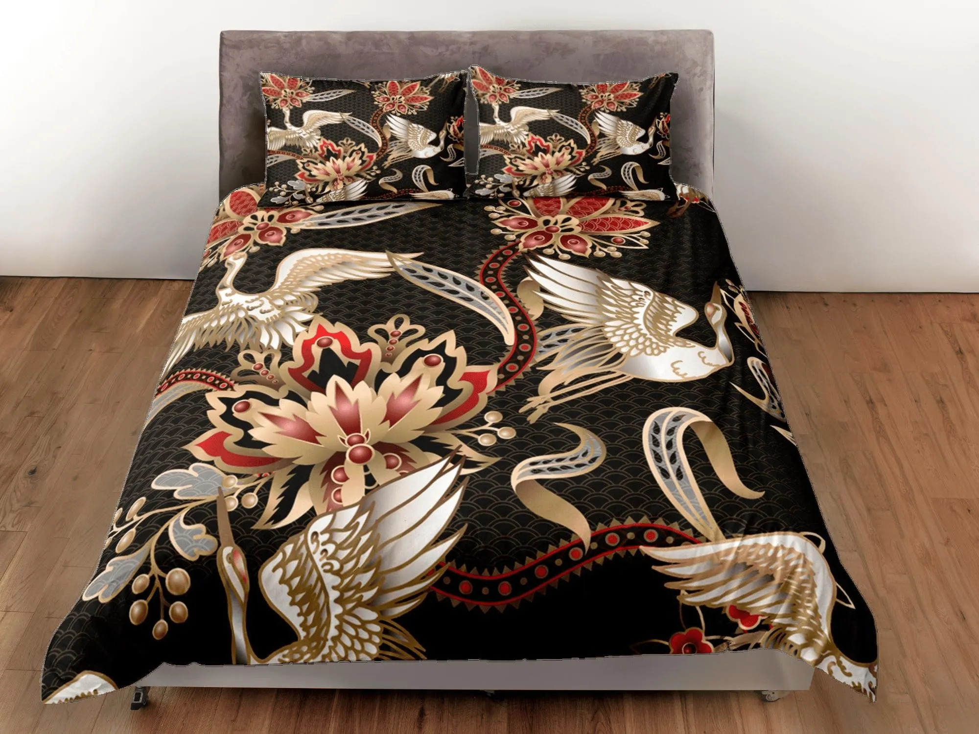 Japanese Crane Bird Duvet Cover Set Colorful Bedspread, Dorm Bedding with Pillowcase