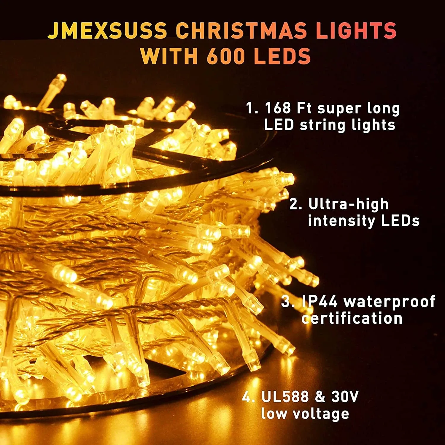 JMEXSUSS 168FT 600 LED Christmas Lights Outdoor Waterproof 8 Modes Indoor Christmas String Lights Warm White Christmas Tree Lights Plug