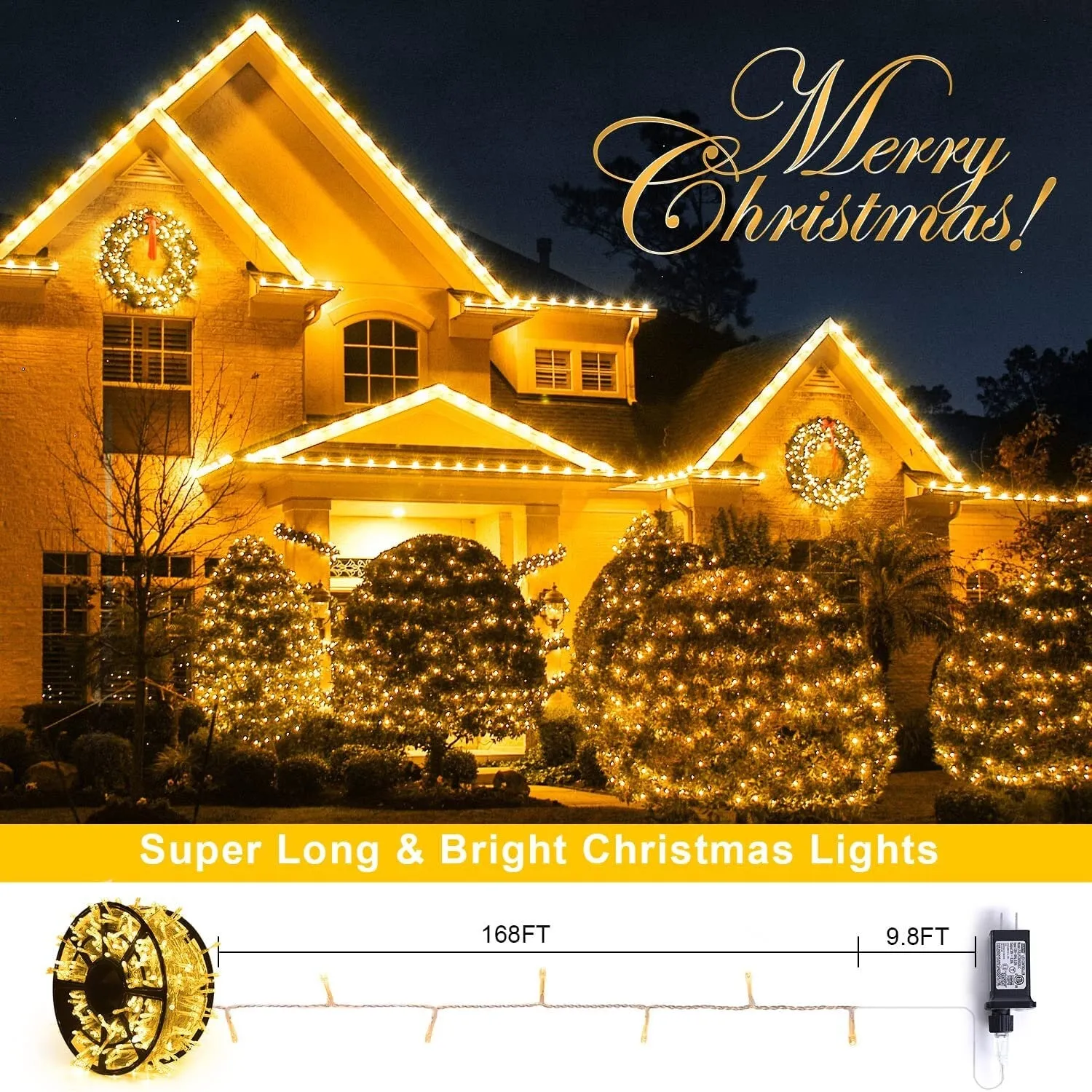 JMEXSUSS 168FT 600 LED Christmas Lights Outdoor Waterproof 8 Modes Indoor Christmas String Lights Warm White Christmas Tree Lights Plug