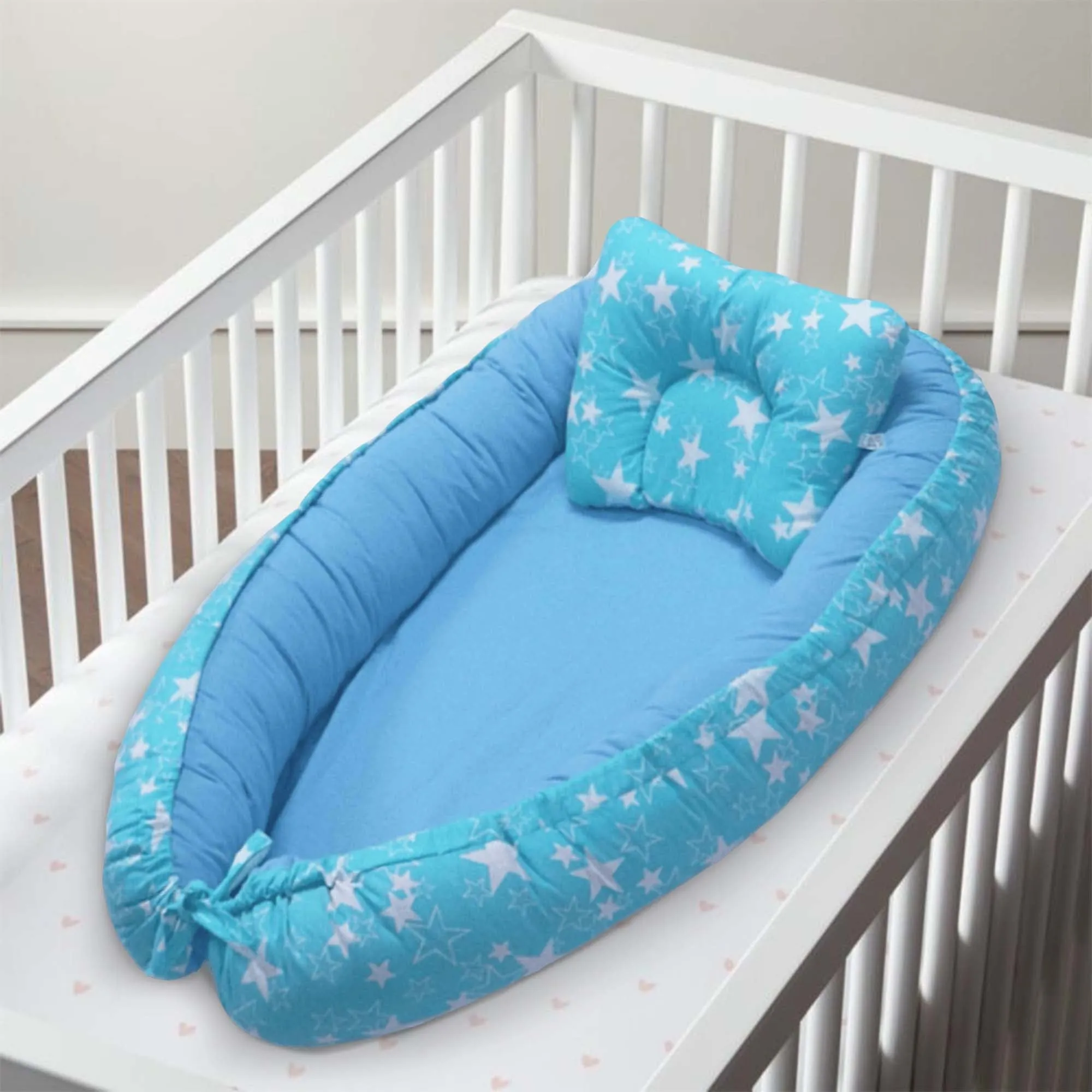 Kradyl Kroft Baby Boat Bed for Babies & Infants | Portable Baby Bedding Set with Pillow | Removable Covers | Double Side Baby Sleeping Bed | Baby Sleeping Pod (Light blue star)