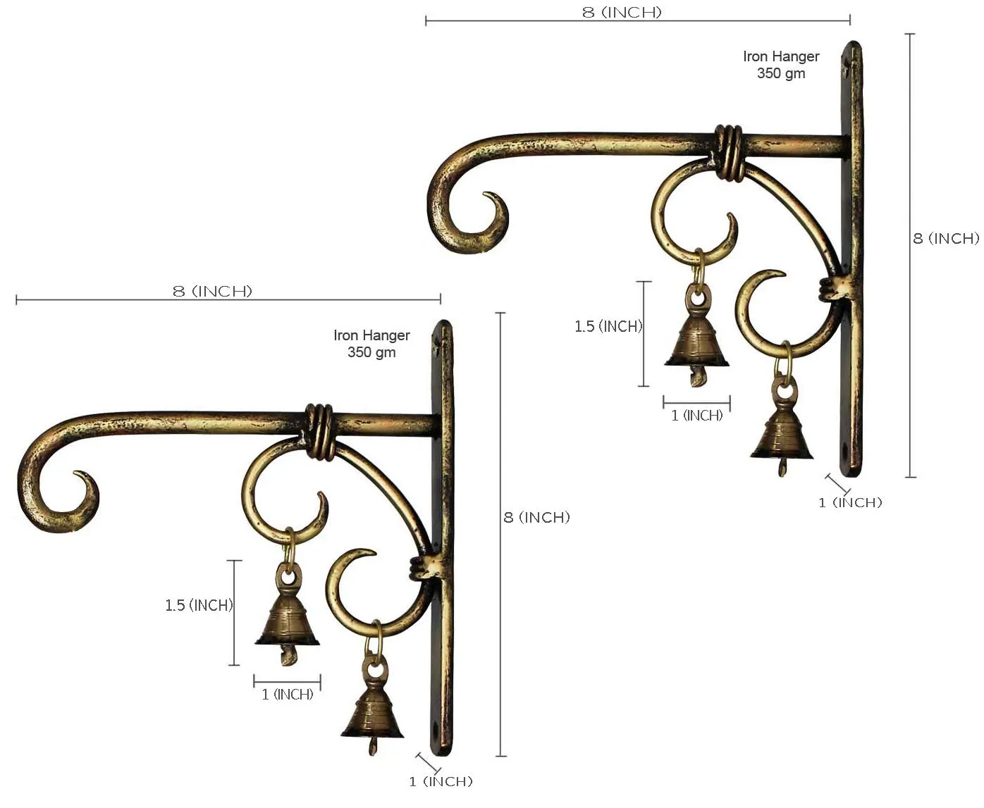 Lamcy Plaza Hand Forged Metal Antique Golden Wall Bracket for Hanging Planter | Wind Chime | Lantern | Bird Feeders | Tea Light Holder | Indoor | Outdoor | Each Size L8 X W1 X H8 Inches | Pack of 2