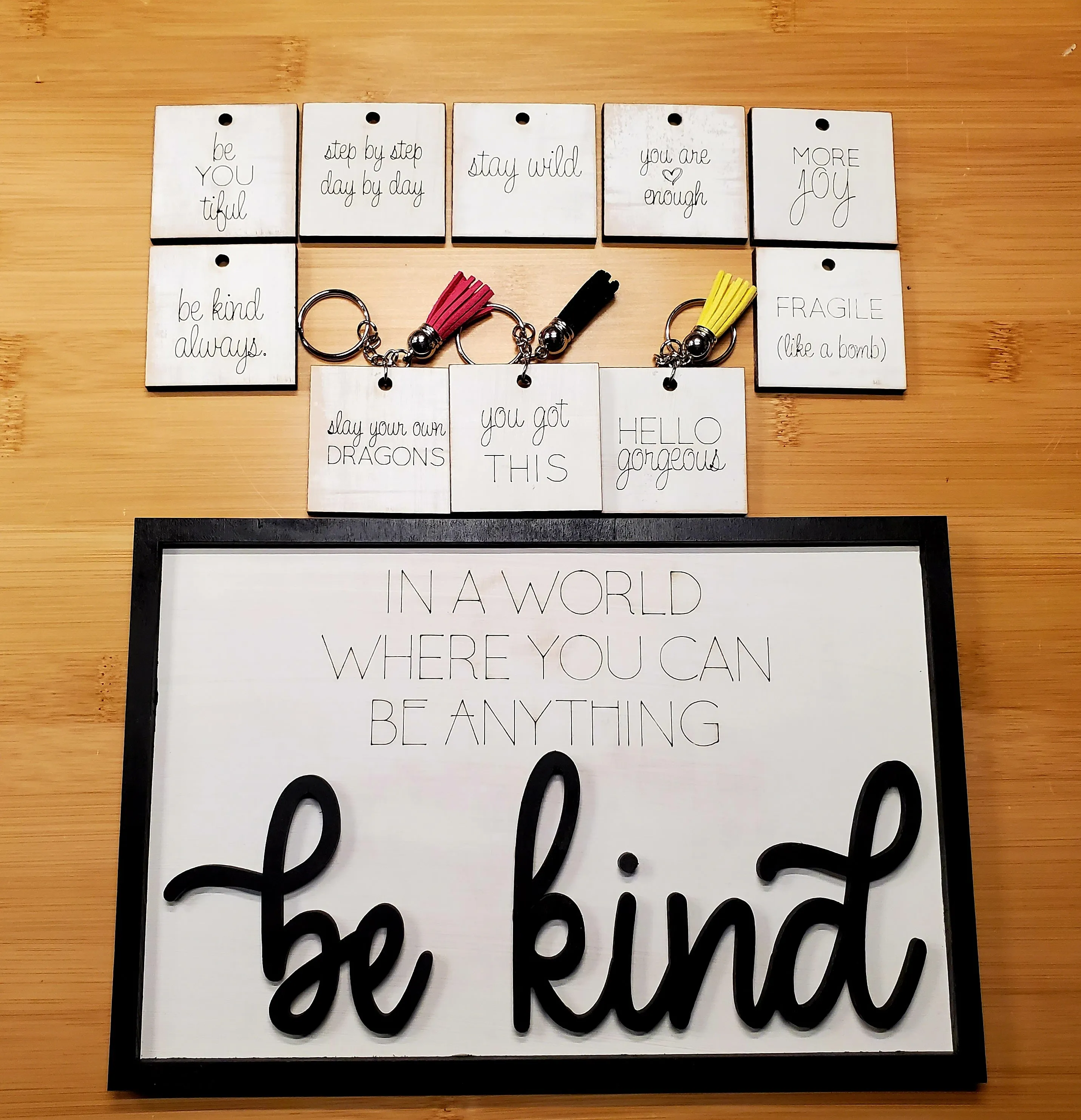 Layered Sign and Keychains: Be Kind SVG File Laser Ready Glowforge