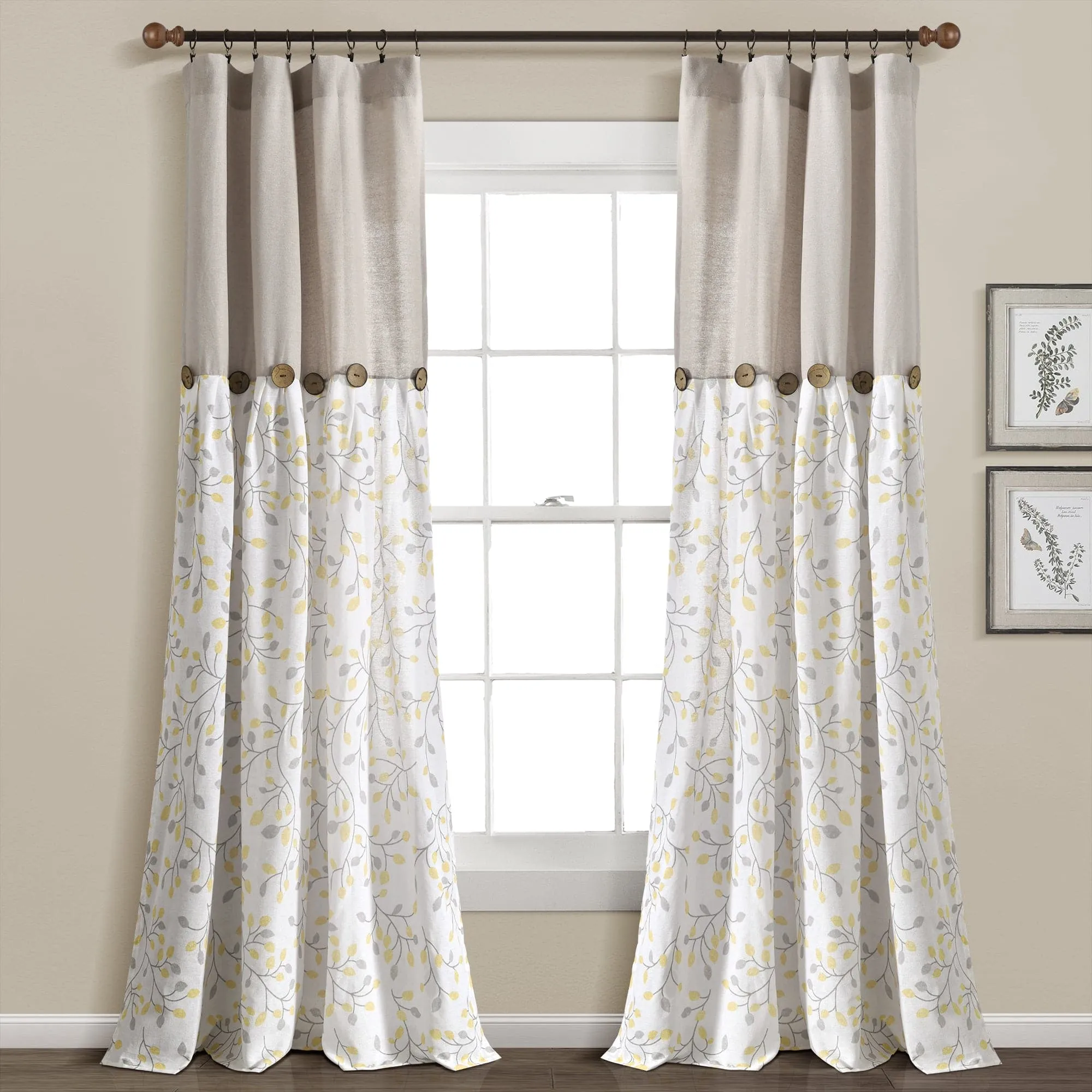 Linen Button Botanical Garden Window Curtain Panel