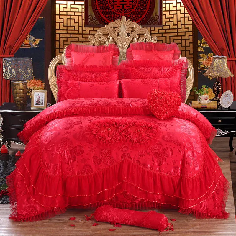 Luxury  Red Lace Princess Style Cotton Duvet Cover Bedding Set With Pillow Covers