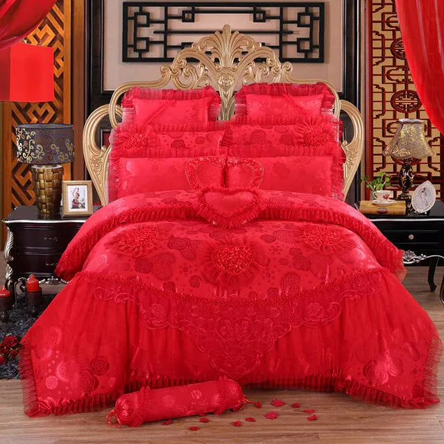 Luxury  Red Lace Princess Style Cotton Duvet Cover Bedding Set With Pillow Covers