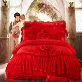 Luxury  Red Lace Princess Style Cotton Duvet Cover Bedding Set With Pillow Covers