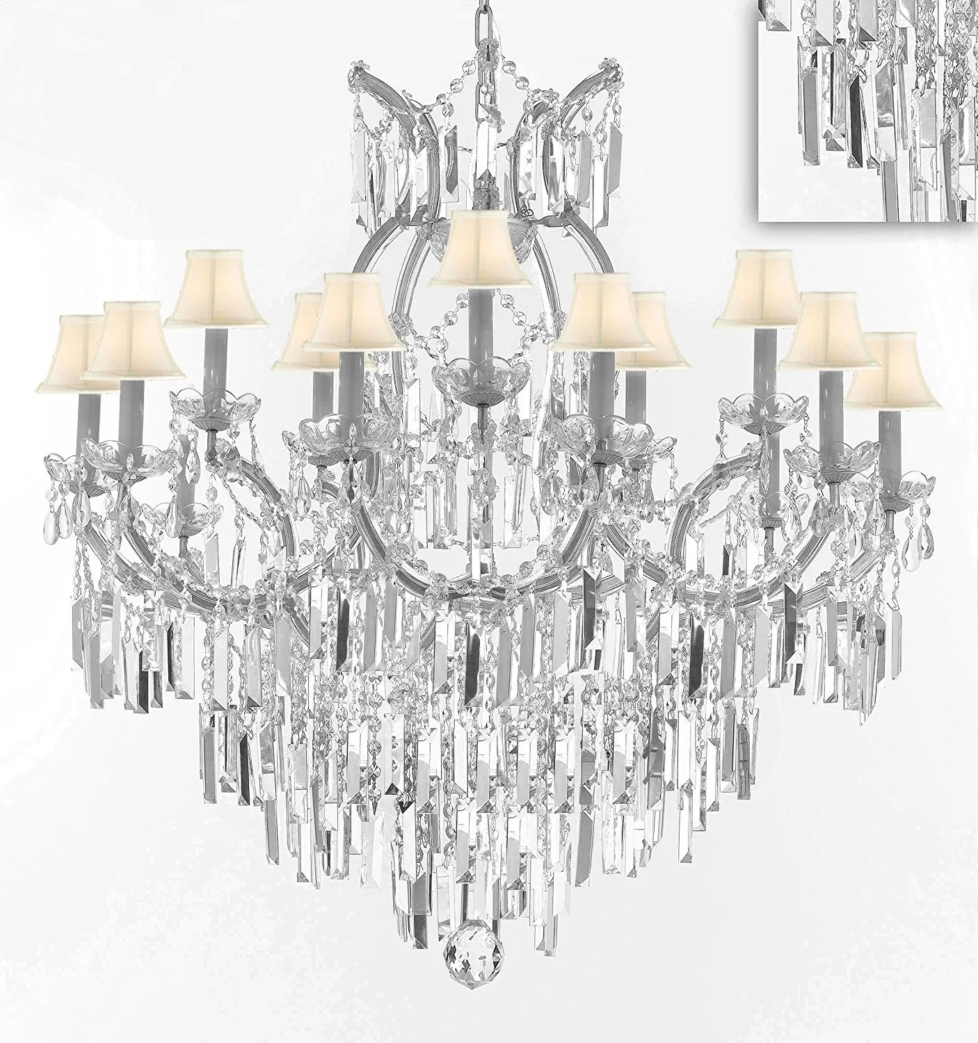 Maria Theresa Chandelier Crystal Lighting Chandeliers w/Optical Quality Fringe Prisms! Great for the Dining Room, Foyer, Entry Way, Living Room! H38" X W37" w/White Shades - A83-B8/WHITESHADES/CS/21510/15 1