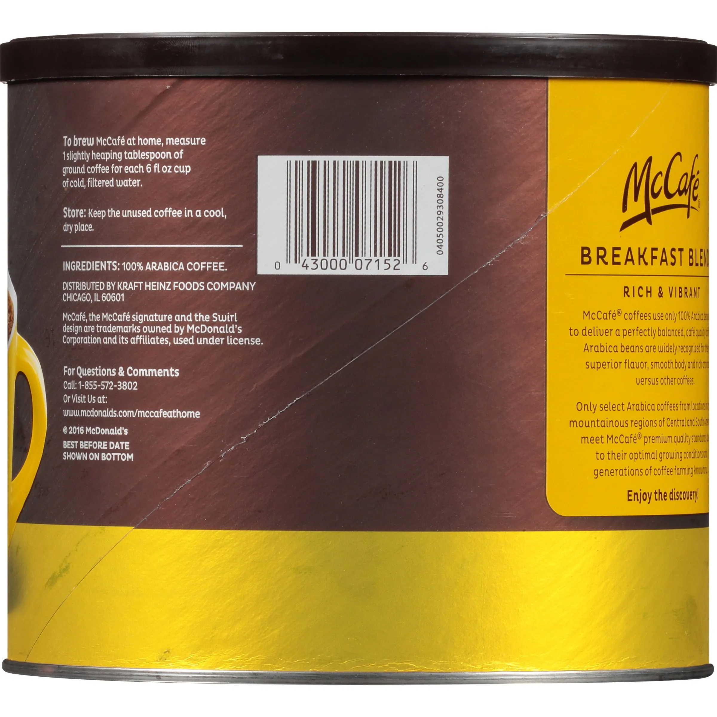 McCafe Light Roast Breakfast Blend Ground Coffee, Caffeinated, 30 oz Can