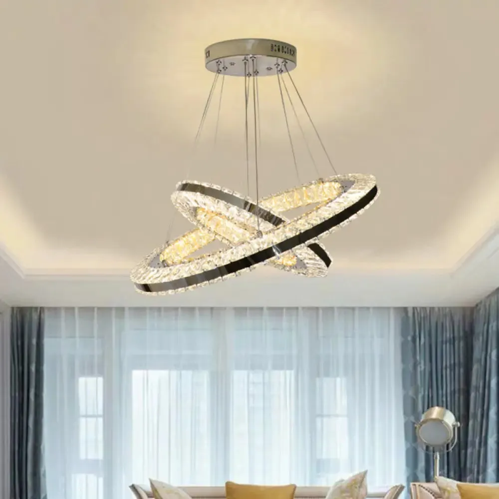 Modern Black LED Double Ring Parlor Hanging Lamp with Clear Crystals - Multi Pendant