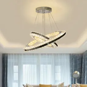 Modern Black LED Double Ring Parlor Hanging Lamp with Clear Crystals - Multi Pendant