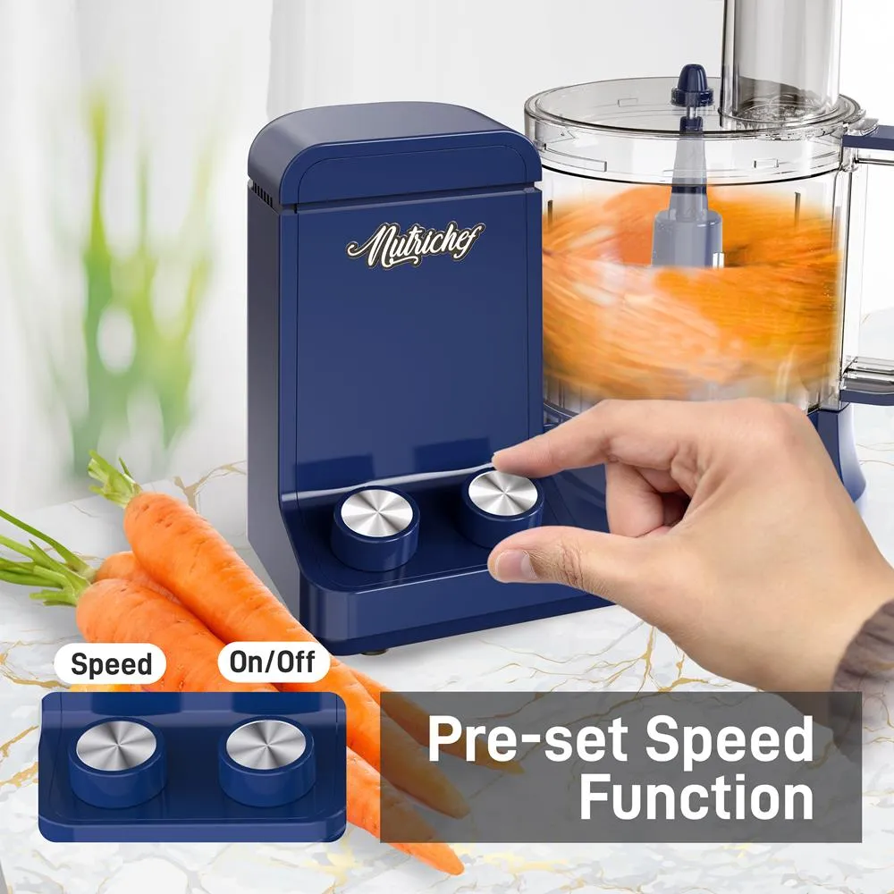 Multifunction Food Processor - Ultra Quiet Powerful Motor, Includes 6 Attachment Blades, Up To 2L Capacity (Blue)