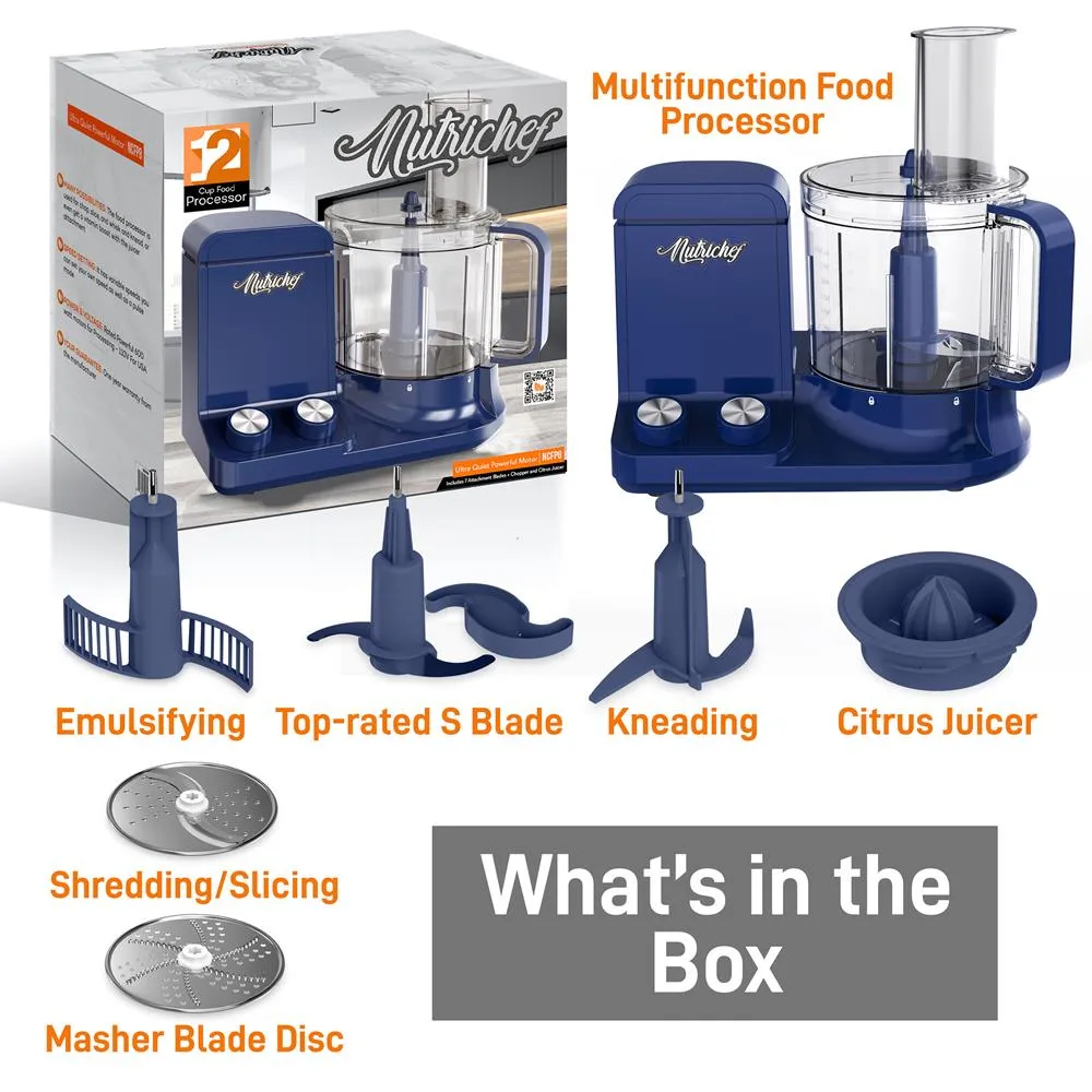 Multifunction Food Processor - Ultra Quiet Powerful Motor, Includes 6 Attachment Blades, Up To 2L Capacity (Blue)