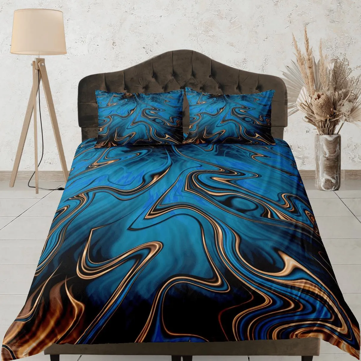 Mystic blue contemporary bedroom set aesthetic duvet cover, luxury gold marble abstract art room decor boho chic bedding set full king queen