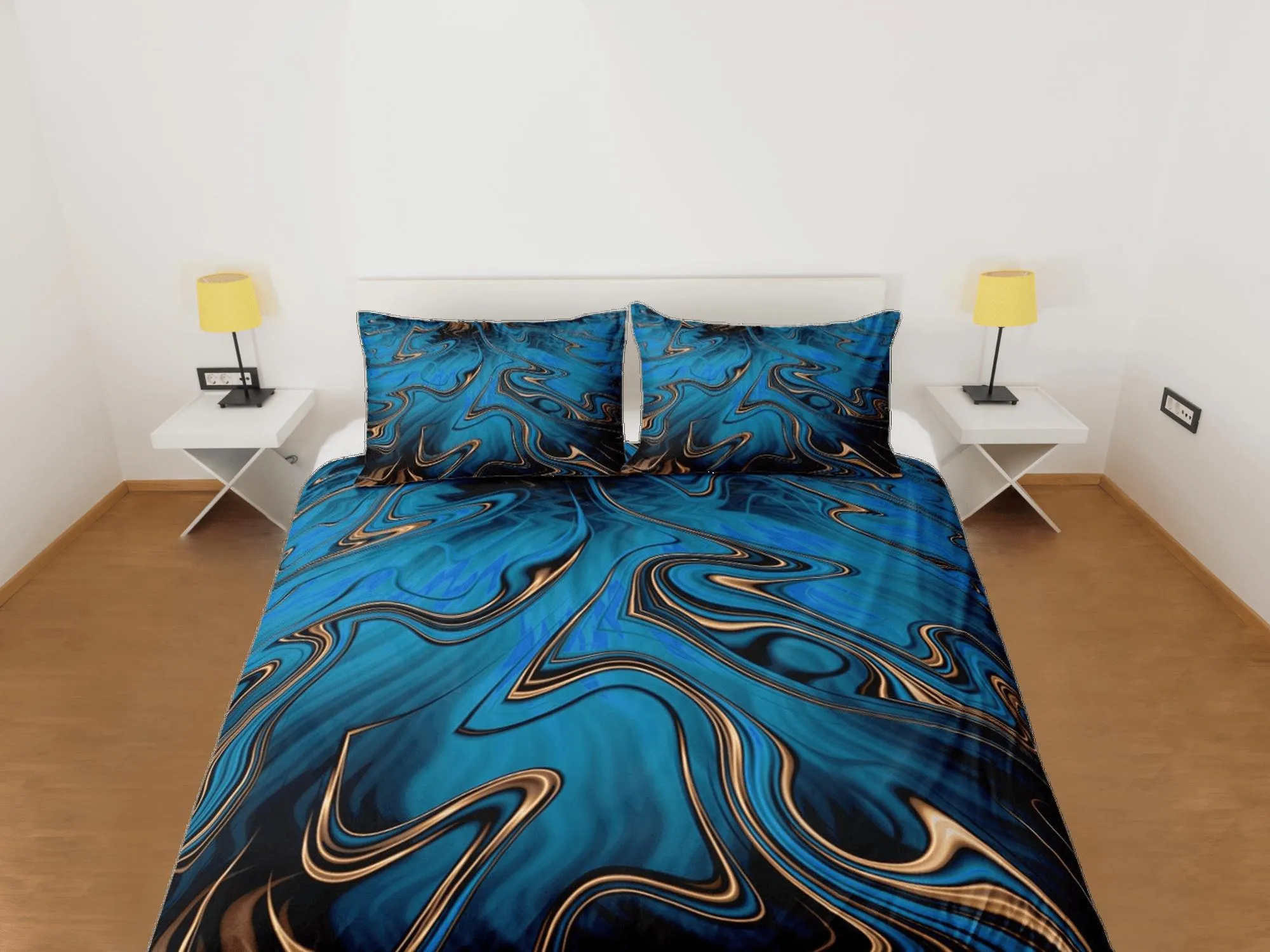 Mystic blue contemporary bedroom set aesthetic duvet cover, luxury gold marble abstract art room decor boho chic bedding set full king queen