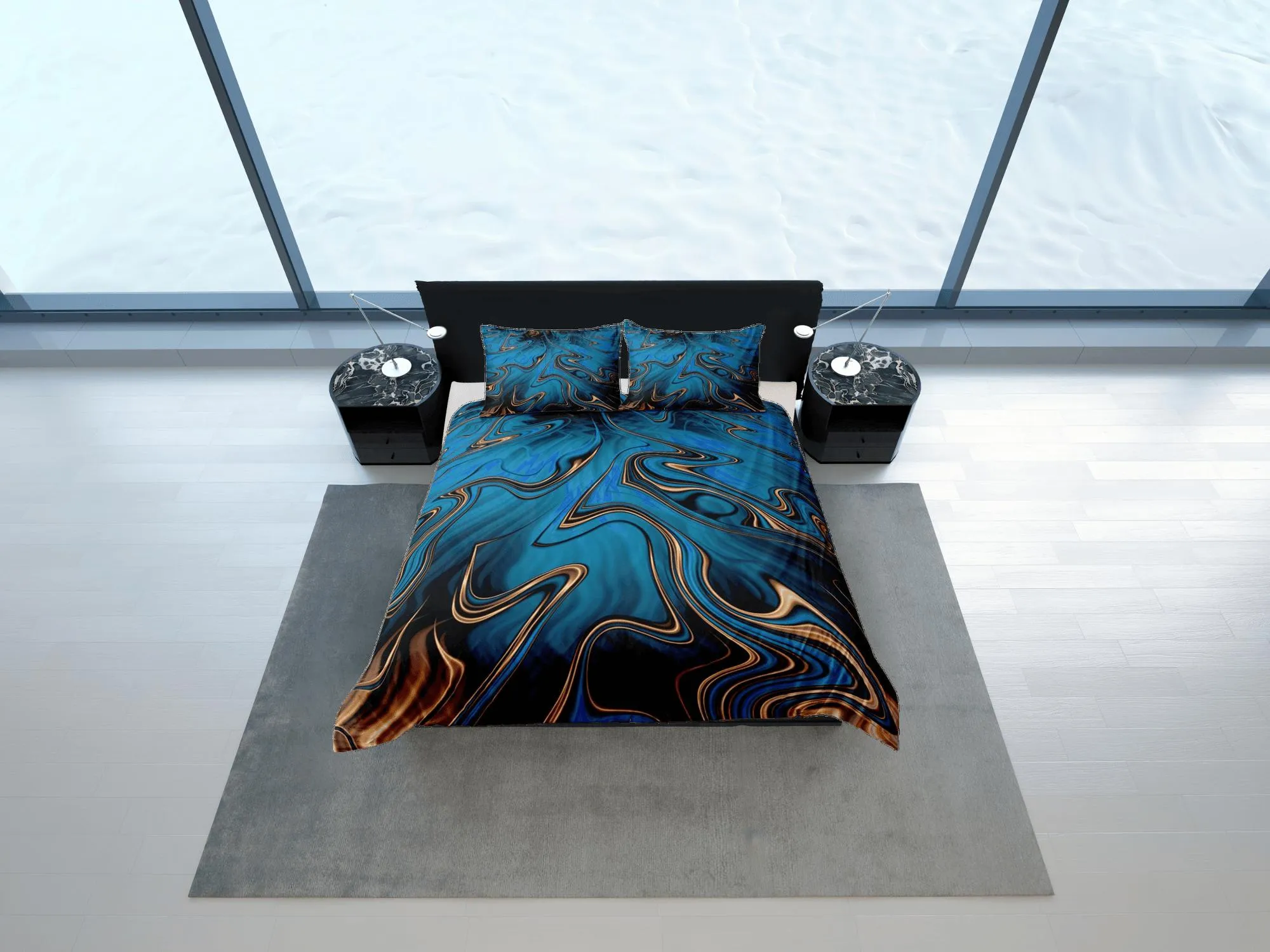 Mystic blue contemporary bedroom set aesthetic duvet cover, luxury gold marble abstract art room decor boho chic bedding set full king queen