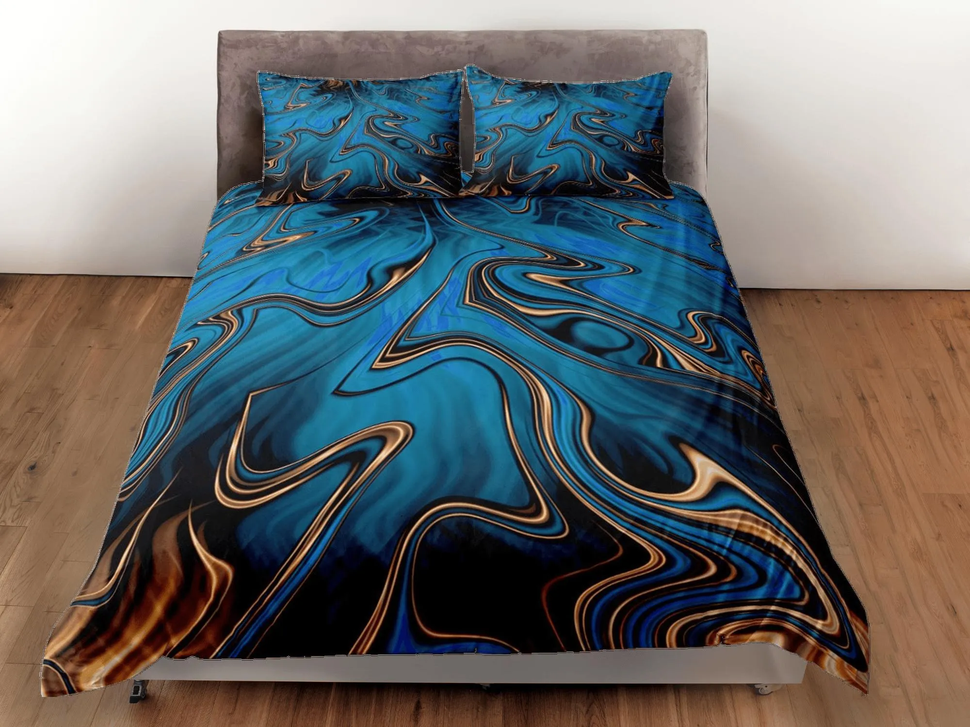 Mystic blue contemporary bedroom set aesthetic duvet cover, luxury gold marble abstract art room decor boho chic bedding set full king queen