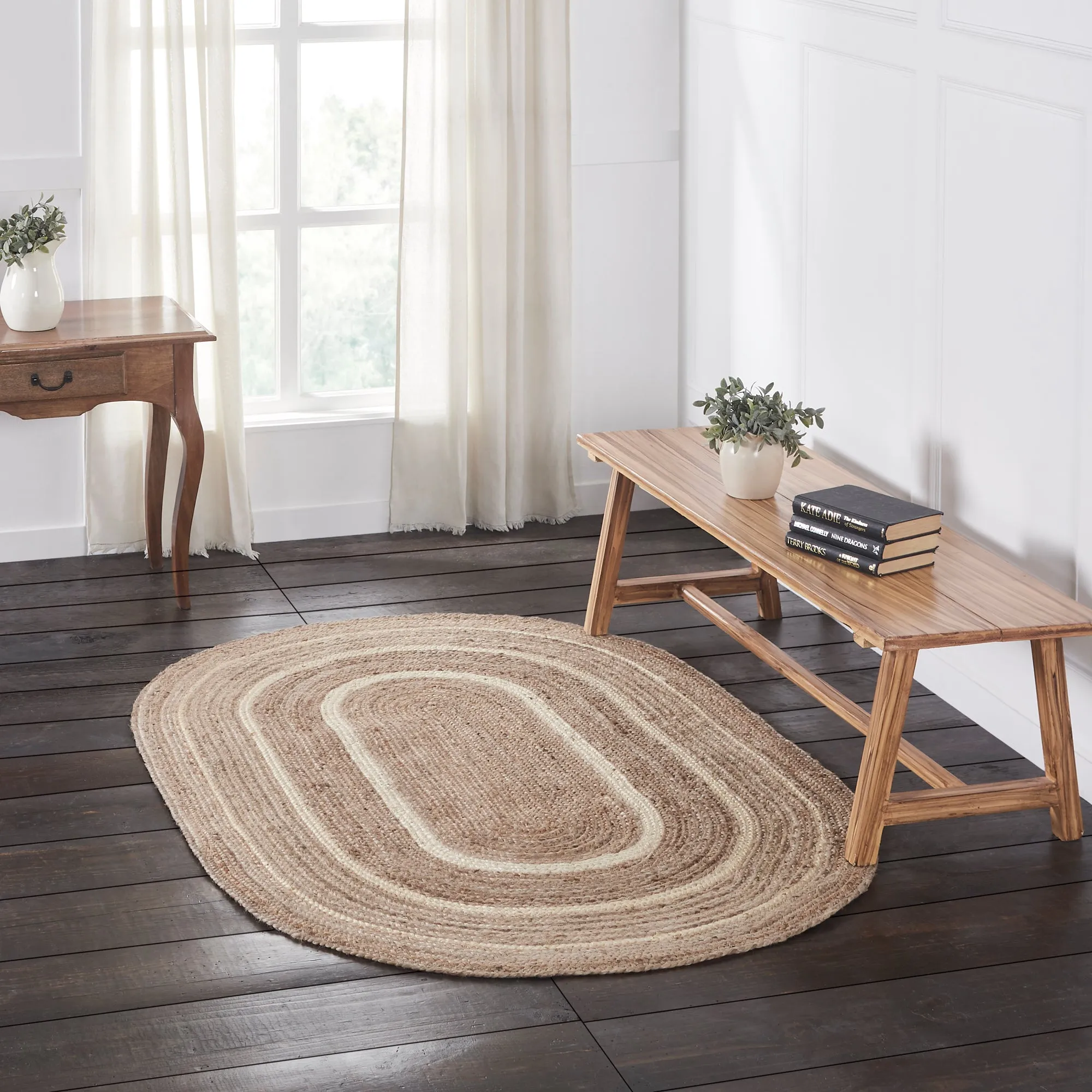 Natural & Creme Jute Rug Oval w/ Pad 48x72