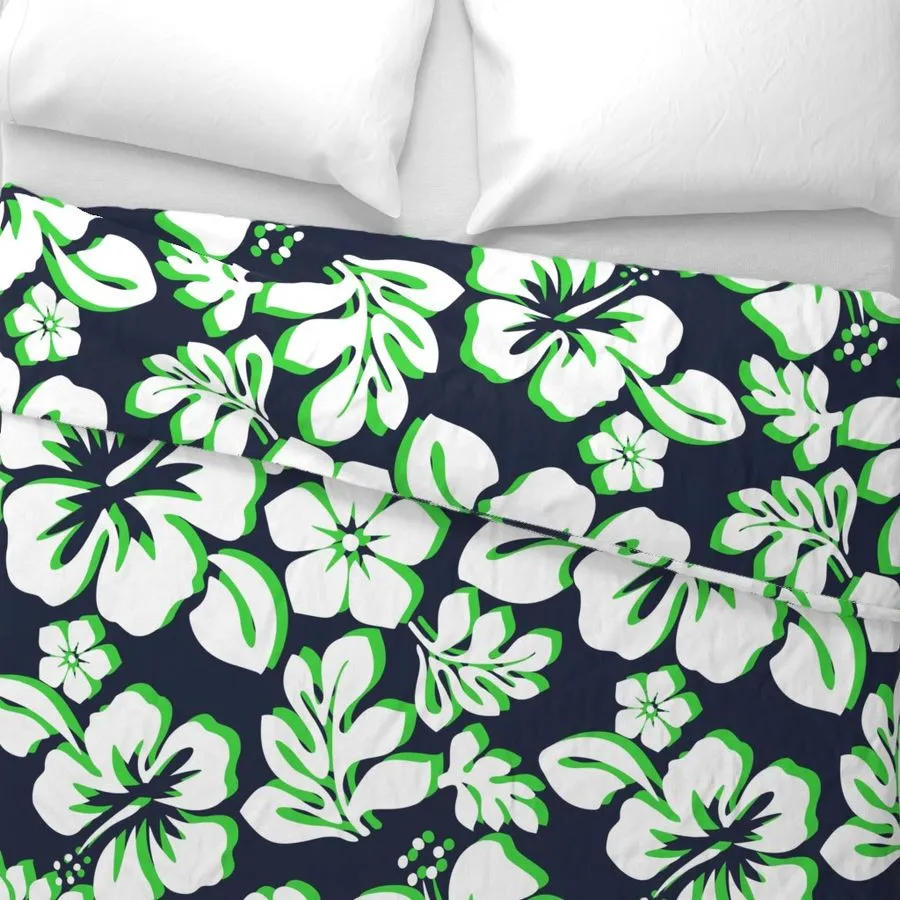 Navy Blue, Lime Green and White Hibiscus and Hawaiian Flowers Duvet Cover -Medium Scale