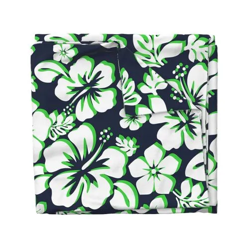 Navy Blue, Lime Green and White Hibiscus and Hawaiian Flowers Duvet Cover -Medium Scale