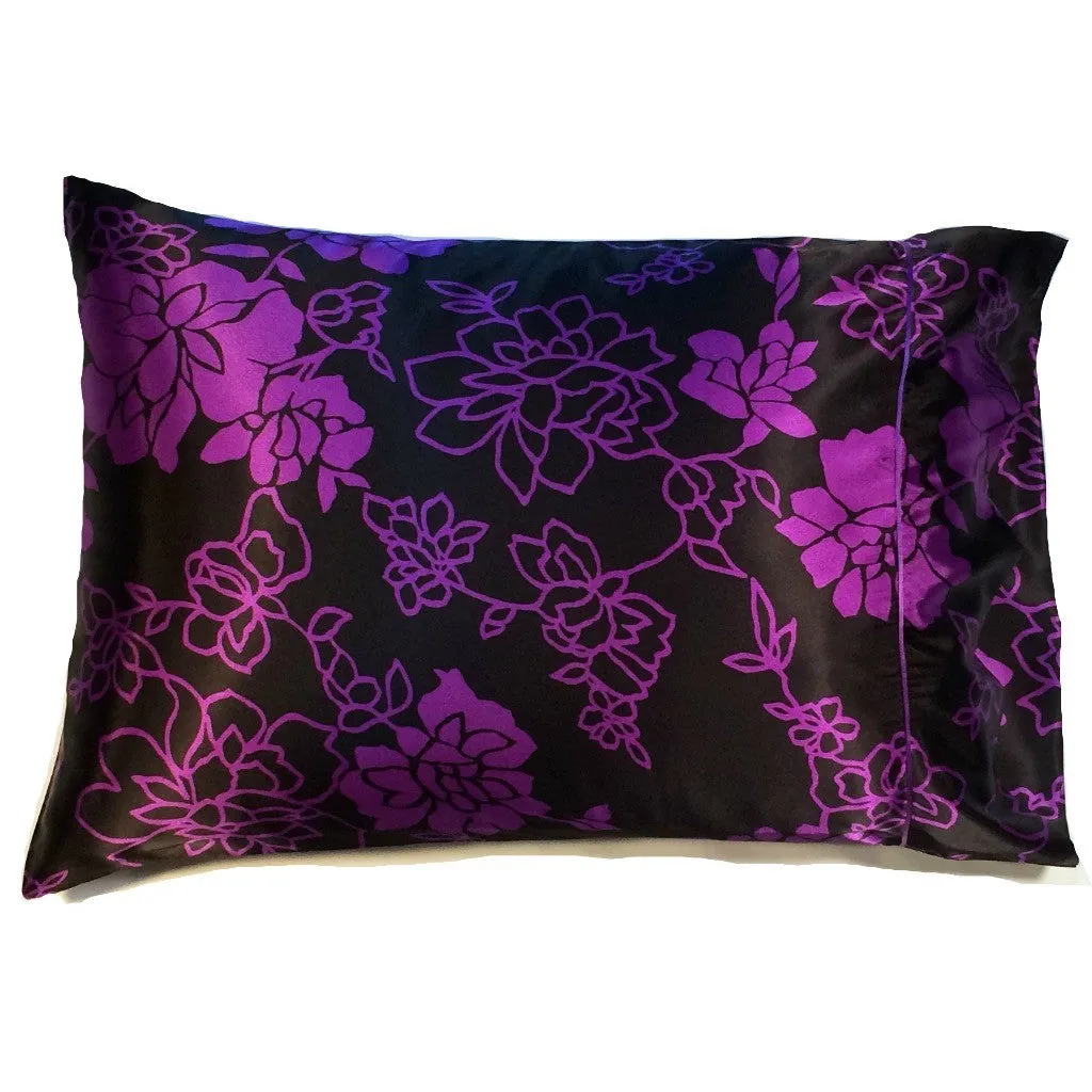 Neck Support Travel Pillow. Black with Etched Purple Flowers Satin.