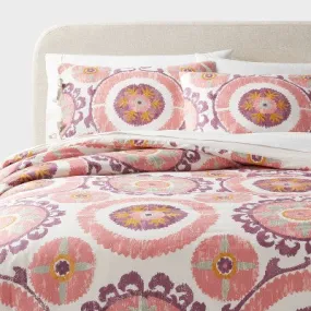 New - King Boho Suzani Print Duvet Cover and Sham Set Ivory/Salmon Orange/Plum