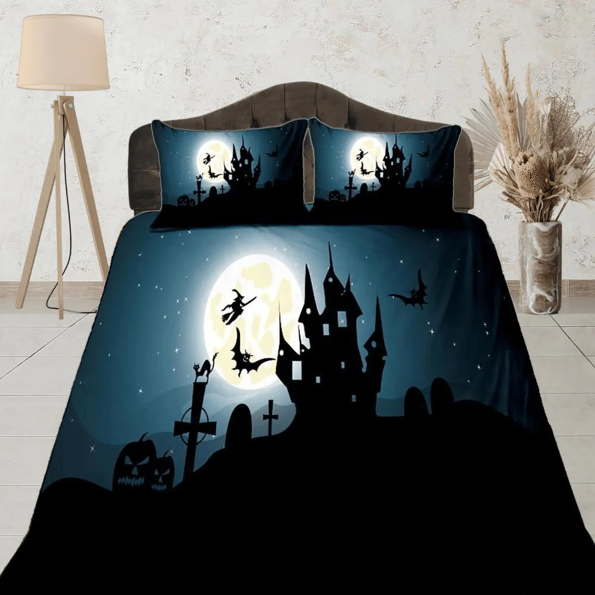 Night haunted house halloween bedding & pillowcase, gothic duvet cover, dorm bedding, goth decor toddler bedding, halloween gift