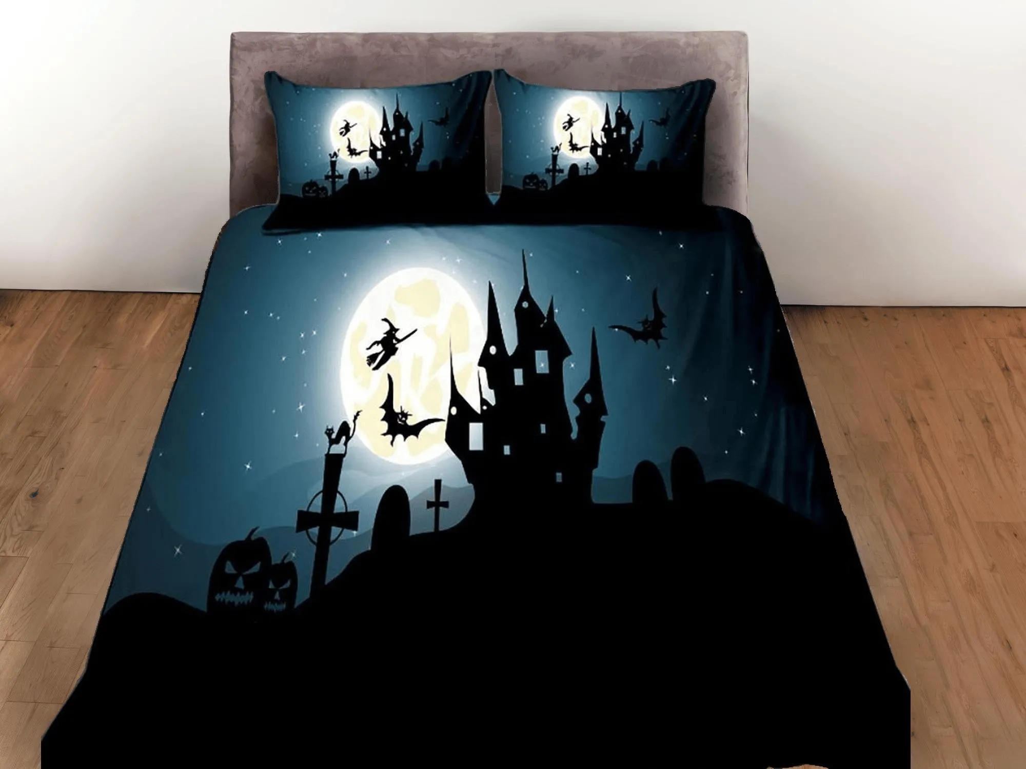 Night haunted house halloween bedding & pillowcase, gothic duvet cover, dorm bedding, goth decor toddler bedding, halloween gift