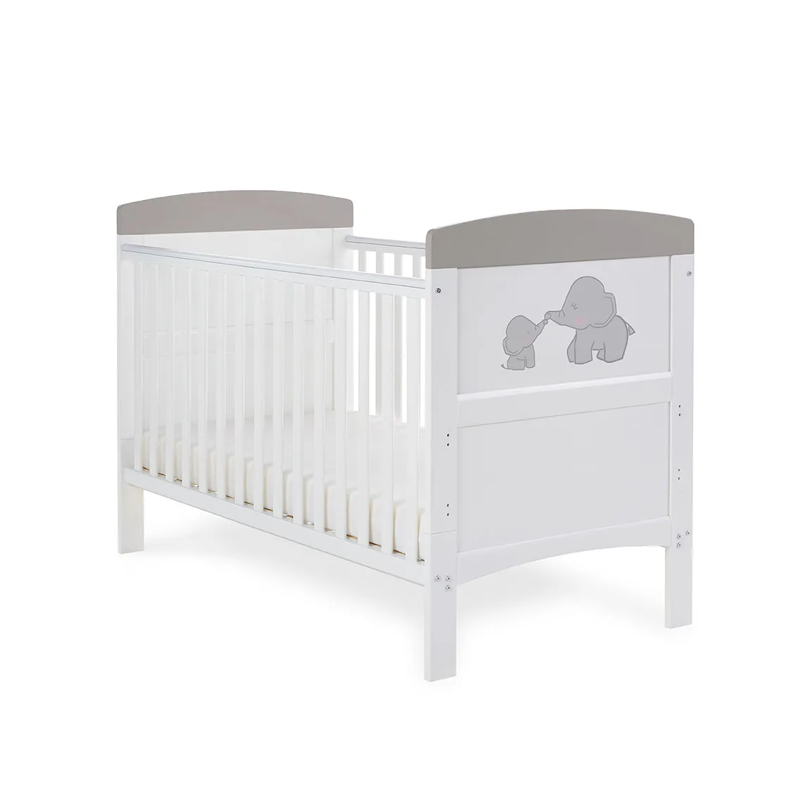 Obaby Grace Inspire Cot Bed & Fibre Mattress – Me & Mini Me Elephants – Grey