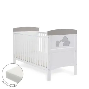 Obaby Grace Inspire Cot Bed & Fibre Mattress – Me & Mini Me Elephants – Grey