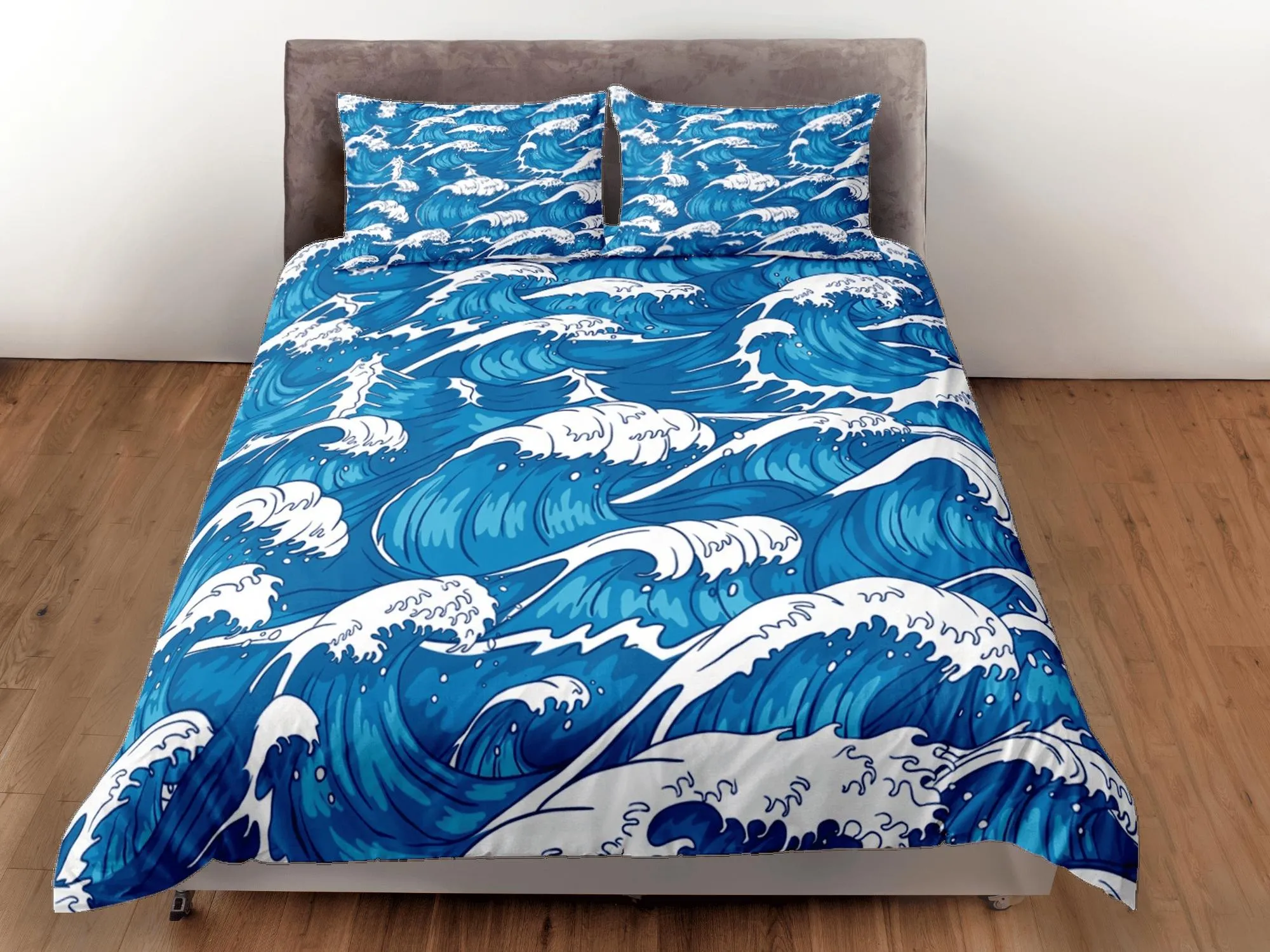 Ocean waves oriental bedding, cool bedding set, japanese blue duvet cover set for king, queen, full, twin, single, toddler bed, aesthetic