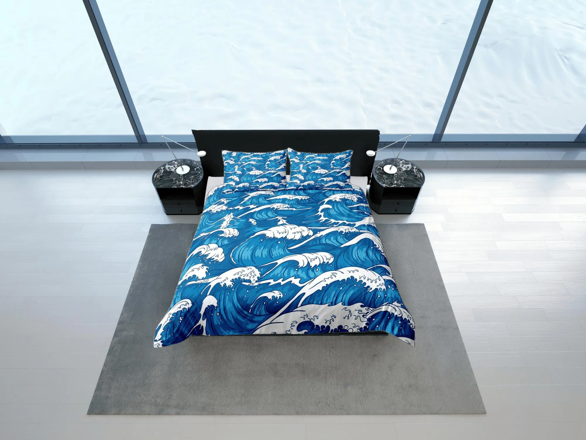 Ocean waves oriental bedding, cool bedding set, japanese blue duvet cover set for king, queen, full, twin, single, toddler bed, aesthetic