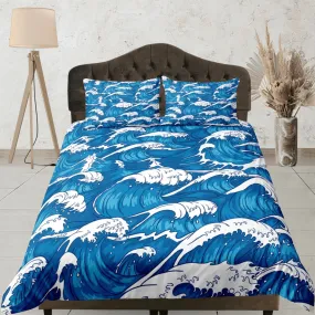 Ocean waves oriental bedding, cool bedding set, japanese blue duvet cover set for king, queen, full, twin, single, toddler bed, aesthetic